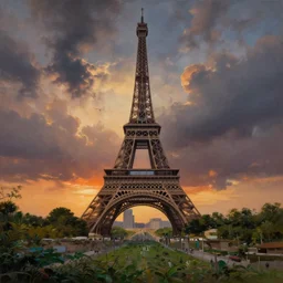 eiffel tower in a jungle, moody sunset and dramatic sky , oil painting by frazetta, low angle,wide angle, cinemascope panorama