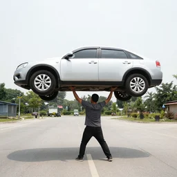 one man lifting a car, wide angle, daylight, 8 k, uhd
