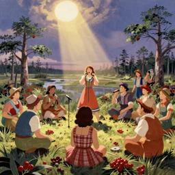 finnish people gathering berries in open swamp while listening progressive dance music, a scene from czech seventies animation