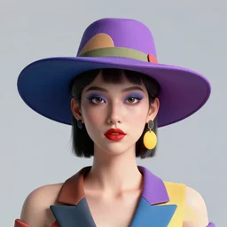 full frontal portrait of a post modern hybrid fashion model with an exuberant hat, colorful, photo realistic face, octane render, vray, detailed, halftoned, editorial illustration, matte print, grainy global light, ( ( dither ) ), risograph, high contrast, screen print, grainy texture
