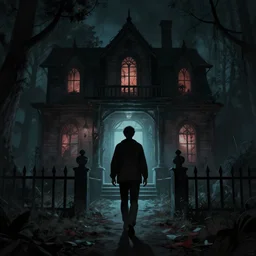 a man walks through a haunted house, dark, creepy, detailed, digital art