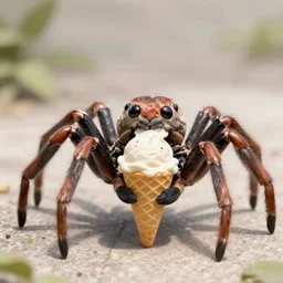 a cute spider that is very large is holding an ice cream cone the spider is eating the ice cream cone