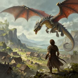 looking up at a dnd wyvern attacking a small village, fantasy art, in the style of dnd