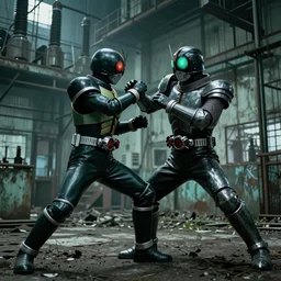 Arthurian Knight Kamen Rider fighting a biomechanical monster in an abandoned electrical plant, action scene, fight scene, rubber undersuit, chainmail, moody colors, dark green color scheme, 4k, glowing eyes in helmet, industrial environment, horror movie cinematography, electrical plant location, biomechanical elements, hyper realistic