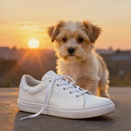 a cute dog and a white sneaker shoe with its laces undone, highly detailed, hyperrealistic, sunset in the background, rays of golden sunlight, oil painting by greg rutkowski and artgerm and wlop