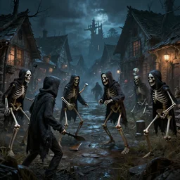 a lot of dangerous skeletons wearing hoodies fighting in a village at night, dnd, dramatic, fantasy art