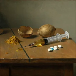 Dutch Still Life from the 1600s, old oil painting: Table with lines of cocain, syringe, ecstasy pills