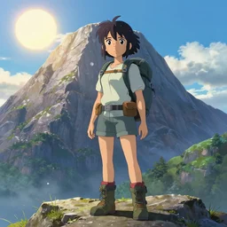a 3 d film animation still portrait of a adventurer hiker girl atop a big mountain, finely detailed features, water, sun, gapmoe yandere grimdark, trending on pixiv fanbox, painted by bill presing, makoto shinkai takashi takeuchi studio ghibli, pixar, greg rutkowski