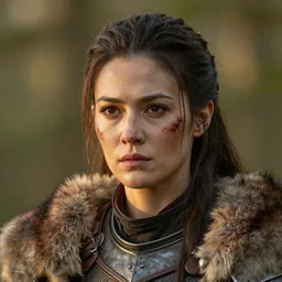 head and shoulders portrait of a female knight, fur armor, lightly dirty face, light blood spatter, detailed face, photography by jimmy nelson, golden hour, forest, styled hair