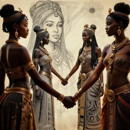 Zulu princesses holding hands, Dynamic lighting, cinematic, establishing shot, extremely high detail, foto realistic, cinematic lighting, pen and ink, intricate line drawings, post processed, concept art, artstation, matte painting, style by Raphael Lacoste, Eddie Mendoza
