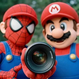 stunning film photograph of ( ( ( ( spiderman as mario bros ) ) ) ), zeiss lens, closeup, aperture 1. 2