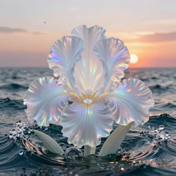 detailed giant white holographic orchid iris hybrid flower surrounded by ocean waves, lsd water, lsd ripples, droplets, backlit, sunset, refracted lighting, art by collier, albert aublet, krenz cushart, artem demura, alphonse mucha