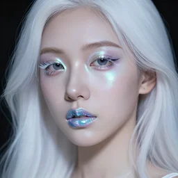 beautiful portrait of a woman with holographic light makeup, glitched lipstick, white porcelain hair, in the style of zhang jingna, detailed