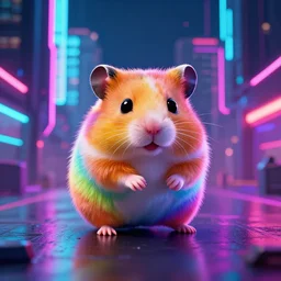 rainbow hamster! in a cyberpunk! city, neon lights, light reflection, logo, 8 k, hd