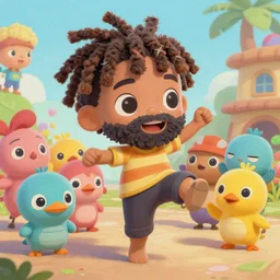 a highly detailed painting of a boy with dreadlocks and a beard in the reality of pocoyo, he does a lot of mischief and dances with the other members of the animated series