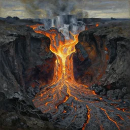 flowing lava melting giant made of metal in a ravine. painting by max ernst, asher brown durand, caspar david friedrich, thomas cole, monet