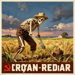 a farmer skeleton working his field, soviet propaganda poster