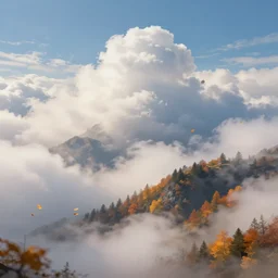 fluffy clouds, alpine scenery, autumn leaves blowing in the wind, 8k HD detailed concept art painting