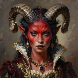 painted close - up portrait of a attractive red - skinned intimidating demon girl with ram horns. oil painting, wearing a noblewoman's outfit, fantasy art by greg rutkowski and john singer sargent and gaston bussiere and greg rutkowski, demon noble character design, hd