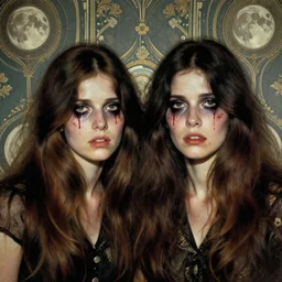 two handsome but sinister young women in layers of fear, with haunted eyes and wild hair, 1 9 7 0 s, seventies, wallpaper, a little blood, moonlight showing injuries, delicate embellishments, painterly, offset printing technique, by john howe, brom, robert henri, walter popp
