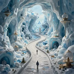 beguiling epic stunning beautiful insanely detailed matte painting of an impossible path winding through arctic dream worlds, vast surreal ice interior architecture by heironymous bosch, by cyril rolando, by asher durand, by natalie shau, masterpiece, imaginative, whimsical, great composition