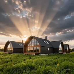 large scandinavian style houses with a rounded roof modern house, cinematic view, epic sky, detailed, concept art, low angle, high detail, warm lighting, volumetric, godrays, vivid, beautiful, trending on artstation, by jordan grimmer, huge scene, grass, art greg rutkowski