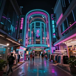 Cyberpunk Shopping Center, futuristic Phnom-Penh Cambodia, neon lighting