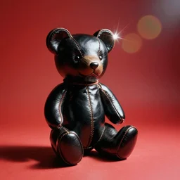 vintage analog product photography of a black polished leather teddybear, 70s design, bright red, studio lighting, film grain, lensflare, color bleed, glare