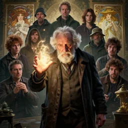 highly detailed vfx portrait of an old and tired beppe hrillo casting a light spell, unreal engine, greg rutkowski, loish, rhads, beeple, makoto shinkai and lois van baarle, ilya kuvshinov, rossdraws, tom bagshaw, alphonse mucha, global illumination, detailed and intricate environment