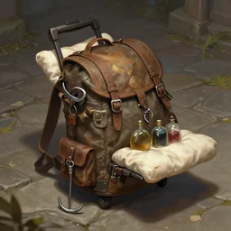 fantasy backpack with rolling bed, graple hook, flasks and lockpicks, stone floor, fantasy digital art, thievery equipment, sculduggery, by kim jung gi, zabrocki, karlkka, jayison devadas