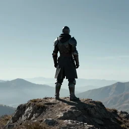 shadow knight looking at the horizon on top of a mountain with a sword, close shot from the side, sunset, cinematic, epic, dark scenario, 8k, award winning,