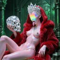 photo of baroque and bladerunner delicate neon diamond sculpture of ceramic seductive albino prince xavier serrano delicious tongue sticking out, creamy pink iridescent humanoid deity wearing red furry hoody holding diamond skull in a green metallic dungeon, reclining, glowing rainbow face, crown of white diamonds, cinematic lighting, photorealistic, octane render 8 k depth of field 3 d