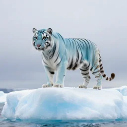 a light blue and white tiger standing on the top of a iceberg