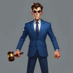concept art of a dead by daylight killer lawyer wearing a blue business suit with gavel hammer hands, character portrait by krenz cushart