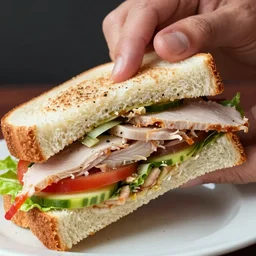 close-up of a turkey club sandwich eating a person's hand, highly detailed, hyper-realistic