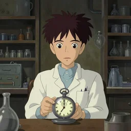 studio ghibli dull colors interior portrait cartoon from close encounters of the third kind 1 9 7 7 of a young skinny grey pocketwatch scientist in his laboratory.