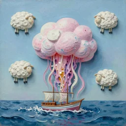3d high relief painting of sea like jelly, Marshmallow clouds like sheep floating lightly in the air, Sailing ship,dreamy, soft , highly detailed,  expressive impressionist style, painted with a palette knife, in the style of Yuri Anatolyevich Obukhovskiy
