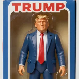 close up of donald trump 8 0 s plastic action figure in its original box, dslr photo