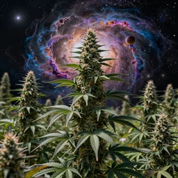 cannabis garden at end of universe, space nebula divine colas, psychedelica. hyper detailed, intricate, elegant, mind - bending, masterpiece by beksinski or conrad roset, tom whalen, mark ryden, chip zdarsky. dramatic lighting, strong shadows, volumetric, cinematic atmosphere, octane render, artstation, 8 k, hdr, hd