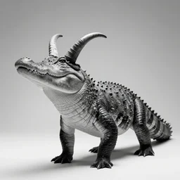 rare classified photo, black & white, studio lighting, a standing monkey fish crocodile, horns, real fur, real skin