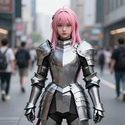 a masterpiece ultrarealistic ultradetailed photograph of a lifelike real anime girl that is dressed in steel plate armor, pink hairs, on a busy city street, photoreal image, art by wlop, photoreal, highly rendered, blender, unreal engine, readable, extremely detailed, trending on artstation, sharp focus, 4 k, by artgerm