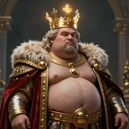 concept art of a fat king, glowing crown, hyperrealistic, photorealistic, style by wlop, cgsociety, hyper detailed, 8 k
