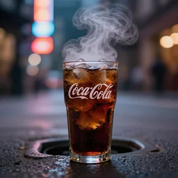 a glass of coca cola in the street, neon lights, steam coming from the sewers
