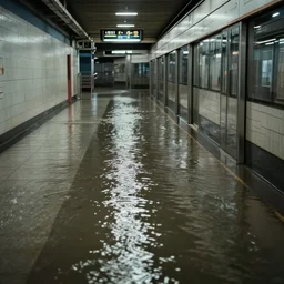 photo of a subway station, the floor is flooded with one meter deep water. eerie, volumetric lighting. highly - detailed 4 k