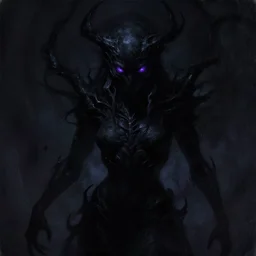 a deep completely black shadow entity, deep purple eyes, completely dark, no color, with black magic powers, ultra realistic, 8 k, organic painting, trending on artstation