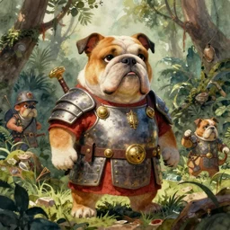 a realistic and atmospheric watercolour fantasy character concept art portrait of a fat adorable chibi bulldog roman soldier with body armor in the jungle, by rebecca guay, michael kaluta, charles vess and jean moebius giraud