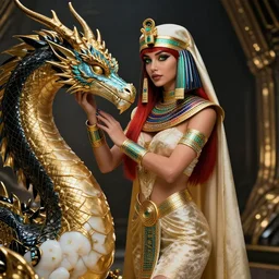 red - haired final fantasy white marble egyptian nun caressing her shiny rainbow dragon, warframe armor, regal, attractive, ornate, sultry, sexy, beautiful, elize theron, pretty face, green eyes, scifi platform, 4 k, ultra realistic, epic lighting, illuminated, cinematic, black gold, art by alexandra petruk, voidstar