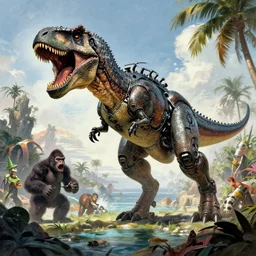 epic composition, tropical Island, Tron, mechabot dinosaur robot by Frank frazetta, Tyrannosarus Rex, Action, from jurassic World (2015), from pacific rim (2013) from King kong (2005), cgsociety, ArtStation, by drew struzan, by James gurney