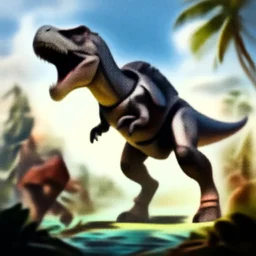epic composition, tropical Island, Tron, mechabot dinosaur robot by Frank frazetta, Tyrannosarus Rex, Action, from jurassic World (2015), from pacific rim (2013) from King kong (2005), cgsociety, ArtStation, by drew struzan, by James gurney
