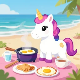a unicorn cooking breakfast on a beach